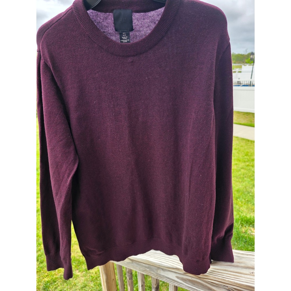 Men's sz L H&M Fine Knit Cotton Crew Neck Sweater Burgundy Maroon 0564358 0